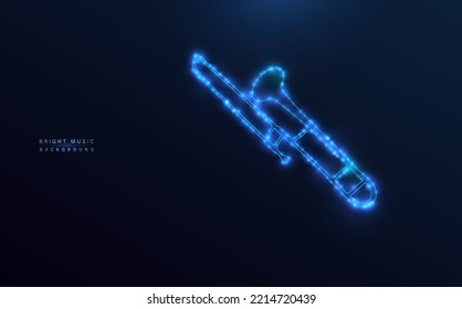 Starry trumpet. Symbol of the musical instrument with stars and globes of light. Neon icon on a dark blue background.