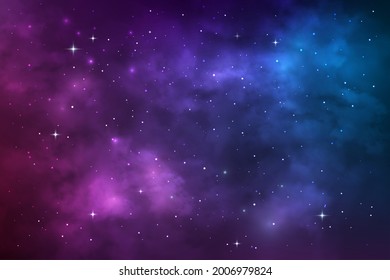 Starry universe, space galaxy nebula, stars and stardust. Vector cosmic background with blue and purple realistic nebulosity and shining stars. Colorful cosmos infinite, night sky wallpaper backdrop