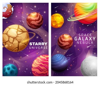 Starry universe and space galaxy nebula landscape cartoon posters with planets and stars vector design. Alien cosmic world with falling comets and shining stars, space exploration fantastic background