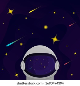 Starry  Vector flat image of space with an astronaut. Stars and meteorites in sky, vector.