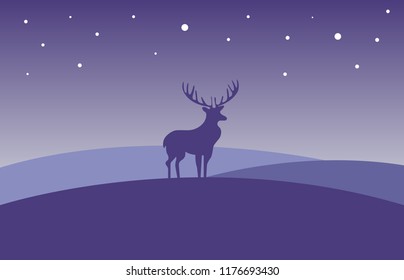 Starry violet night field with the image of a mountain deer. Vector illustration in a cartoon style.