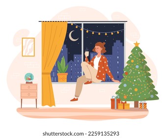 Starry window concept. Woman with mug of hot drink sitting on windowsill. Tea or coffee. Comfort and coziness in apartment, rest after work or study. Poster or banner. Cartoon flat vector illustration