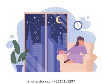 Starry-Window-Konzept. Die Frau sitzt auf einem Sessel vor einem großen Fenster und sieht Wolkenkratzer an. Komfort und Gemütlichkeit in der Wohnung, Ruhe nach der Arbeit oder dem Studium. Cartoon-Flavektor-Vektorgrafik