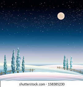 Espectacular paisaje invernal con luna llena y árboles nevados.