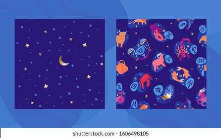 Starry & zodiac pattern set. Two seamless patterns with stars, moon and zodiac signs. Modern flat concept. 