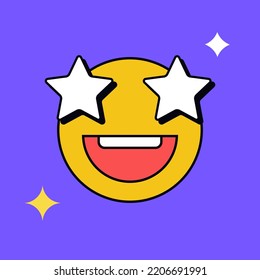 Starry-eyed emoji. Golden stars for eyes excited emoticon with open smile flat stylized vector icon.