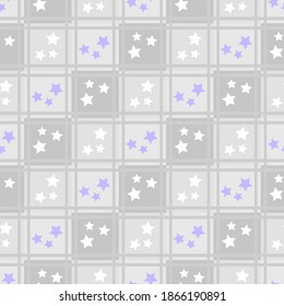 Stars abstract geometric seamless pattern with squares, blue and white stars in grey and lilac shades