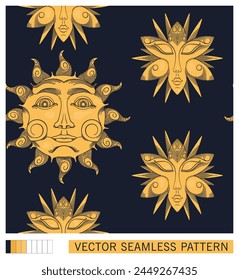 Stars around the sun. Ancient astronomical image of celestial bodies. Engraving. Seamless pattern. Vector graphics