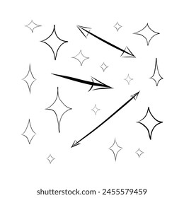 Stars and arrows of different shapes on a white background, in Doodle style, vector illustration