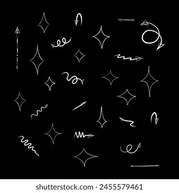 Stars and arrows of different shapes on a black background, in Doodle style, vector illustration