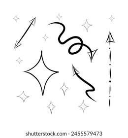 Stars and arrows of different shapes on a white background, in Doodle style, vector illustration