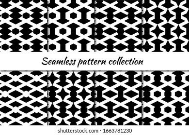 Stars, arrows, hexagons, diamonds, rhombuses, lozenges seamless patterns collection. Folk prints. Ethnic ornaments set. Tribal wallpapers kit. Geometrical abstract backgrounds. Retro motif. Vectors.