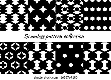 Stars, arrows, hexagons seamless patterns collection. Folk prints. Ethnic ornaments set. Tribal wallpapers kit. Geometrical abstract backgrounds. Retro motif. Vector artworks bundle.