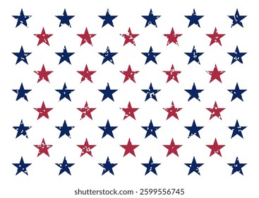 Stars background colored in USA flag colors. Rough red and blue stars in grunge design isolated on transparent. Patriotic American-style pattern. Vector illustration for memorial day or election.