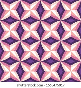 Stars background geometric concept graphic design. Abstract seamless pattern. Decorative mosaic structure. Modern ornament decoration. Violet, lilac, pink colors. Creative vector illustration. 