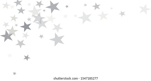 Stars background, silver christmas confetti falling isolated on white. Sparkling  lights, magic shining flying stars glitter backdrop, sparkle vector border.