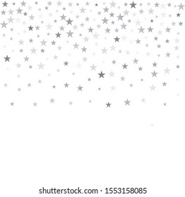 Stars background, silver christmas confetti falling isolated on white. Sparkling  lights, magic shining flying stars glitter backdrop, sparkle vector border.