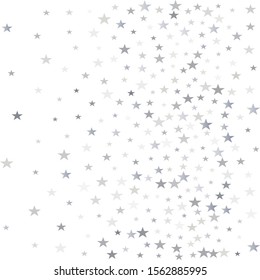 Stars background, silver christmas confetti falling isolated on white. Sparkling  lights, magic shining flying stars glitter backdrop, sparkle vector border.