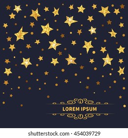 Stars background. Vector illustration of abstract golden sparkling stars on dark. 