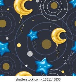 Stars balloons. Month. Vector sky background with bright gel balloons blue stars. Seamless pattern. 