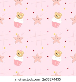 Stars bears Cupcake on pink background, fabric pattern, gift wrap paper , seamless pattern 