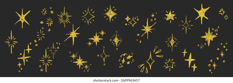 Stars big set. Chalk textured kids freehand drawing shine twinkle. Crayon hand drawn child scribble spark. Pastel pencil childish decorative sparkling collection. Sketch vector illustration isolated