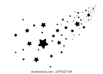 The stars are black on a white background. The black star shoots with an elegant star. Meteoroid, comet, asteroid, stars.