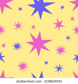 Stars and blots in abstract style on a yellow background. A bright holiday. Seamless vector pattern for printing on fabric, gift paper, wallpaper, postcards