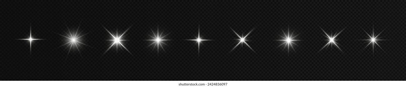 Stars bright white. Glow light effect.  Transparent light effect sparkl, lens flare, explosion, glitter, sun flash, sparks and stars. Sunlight, abstract special effect.