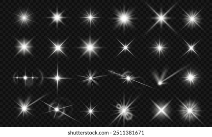 Stars bright white. Glow light effect. Transparent light effect sparkl, lens flare, explosion, glitter, sun flash, sparks and stars. Sunlight, abstract special effect.