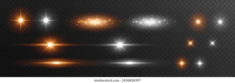 Estrellas estallan, destellos aislados sobre fondo transparente. El sol destella con los rayos. Vector de oro y blanco conjunto de reflector. Efectos de la luz de destello