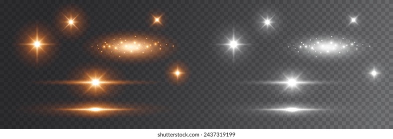 Stars burst, sparkles isolated on transparent background. Sun flash with rays. Vector gold and white spotlight set. Glow flare light effects