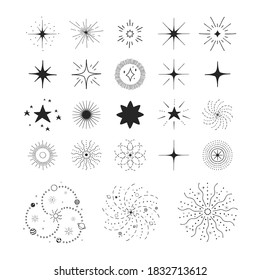 Stars, bursts, suns and galaxy. Vector isolated space sparkles. Sky design elements.