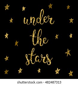 Stars card template. Golden glitter texture. Hand drawn under the star letters isolated on black cover for card, invitation, banner, book, placard, album, sketch book. 