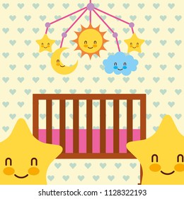 stars cartoon crib and mobile toys hearts background
