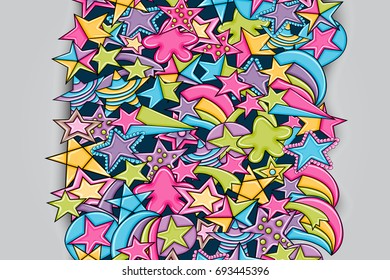 Stars cartoon doodle backdrop design. Cute background concept for party greeting card,  decoration, advertisement, banner, flyer, brochure. Hand drawn vector illustration. 
