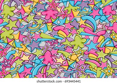 Stars cartoon doodle backdrop design. Cute background concept for party greeting card,  decoration, advertisement, banner, flyer, brochure. Hand drawn vector illustration. 