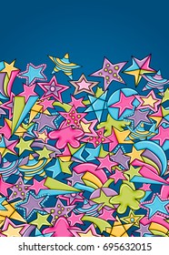 Stars cartoon doodle backdrop design. Cute background concept for party greeting card,  decoration, advertisement, banner, flyer, brochure. Hand drawn vector illustration.