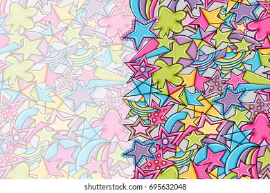 Stars cartoon doodle backdrop design. Cute background concept for party greeting card,  decoration, advertisement, banner, flyer, brochure. Hand drawn vector illustration.