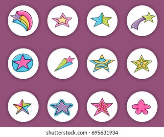 Stars cartoon doodle icon set. Cute elements for party decoration, greeting card,  advertisement, banner, flyer, brochure. Hand drawn vector illustration.