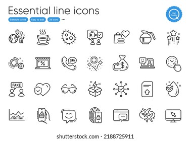 Stars, Cashback and Smile face line icons. Collection of 24h service, Internet, Market icons. Seo message, Coffee cup, Coffeepot web elements. Outsource work, Food app, Smile. Vector