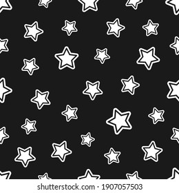 Las estrellas caen en un fondo de patrón impecable. Elemento de diseño para impresión textil. Estrellas blancas en negro en ilustración vectorial de estilo simple