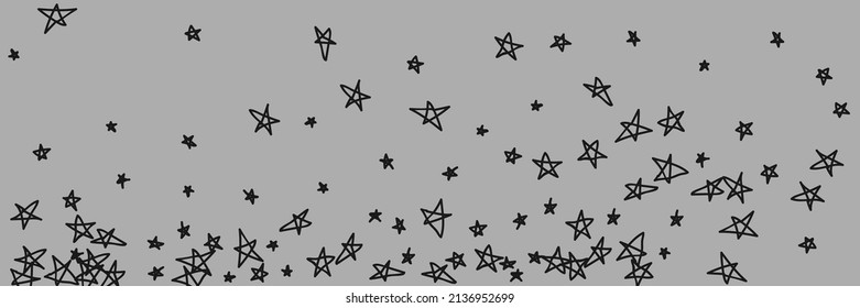 Stars Chaotic Bright Retro Bright Monochrome Naive Handdrawn Picture. Night Sky Monochrome Art Black Childish Grey Stars Background. Gray Kids Naive Simple Dark Graphic Handdrawn Stars.