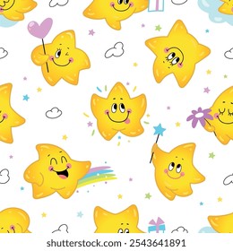 Stars characters seamless pattern. Kawaii star characters print template. Happy yellow starry design for fabric, wallpaper, nowaday vector background