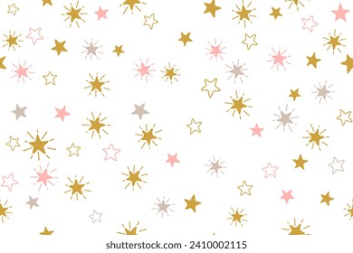 Stars kindisch vektor nahtloses Muster grafisches Design. Babydusche Geschenkverpackungsmuster. Cute Sterne nahtlose Ornamente für NeujahrsWallpaper, Stoff oder Verpackungsdesign. Sternschnuppen funkeln.