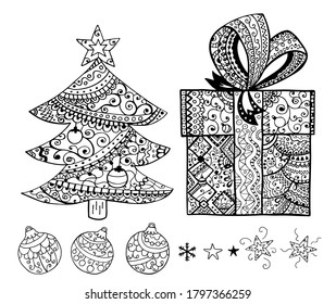 Stars and christmas balls hand drawn coloring book seamless pattern. Black ornamental Christmas items on white background. Uneven lines