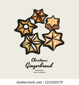 Stars christmas gingerbread biscuits hand drawn vector illustration. Vintage traditional bake christmas marzipan glaze biscuits. Isolated vector ginger bread cookies. Christmas baking retro elements.