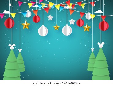 Stars, christmas tree and christmas ball hanging on blue sky winter season background for merry christmas and happy new year greeting card paper art style.Vector illustration.
