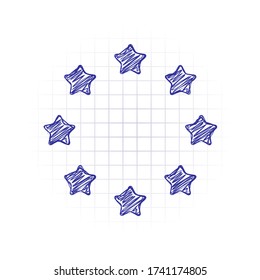 Stars circle, european union. Hand drawn sketched picture with scribble fill. Blue ink. Doodle on white background