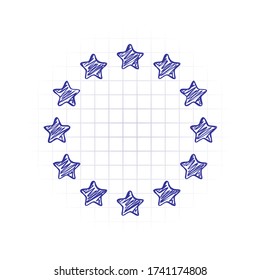 Stars circle, european union. Hand drawn sketched picture with scribble fill. Blue ink. Doodle on white background